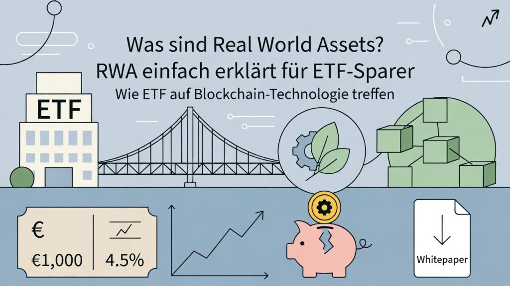 Minimalistische Infografik: Die Brücke von klassischen ETFs zu tokenisierten Real World Assets (RWA) für Anleger in Deutschland, Österreich und der Schweiz.